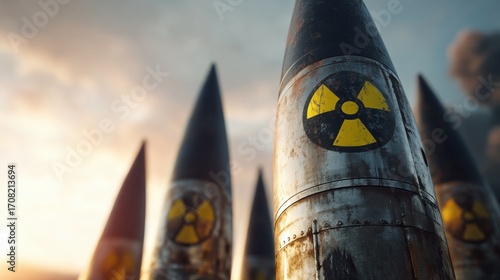 Nuclear Missile Silos with Radioactive Warning Symbols in Industrial Landscape at Sunset