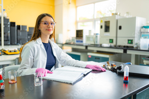 Young female scientist working in laboratory with research notes