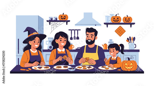 Halloween Cookie Decorating: A family joyfully decorates Halloween cookies in the warmth of their kitchen, creating sweet memories against a backdrop of festive pumpkins and spooky décor. 