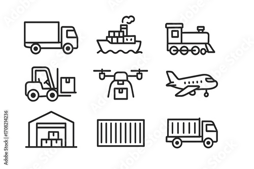 Commercial vehicles line icon set with vector pictograms of cargo trucks, ships, trains, forklifts, drones, planes, warehouses, and containers