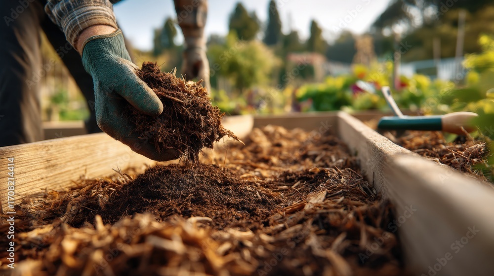 Fototapeta premium Gardener Preparing Soil in Raised Garden Bed for Planting Organic Vegetables and Herbs in Spring