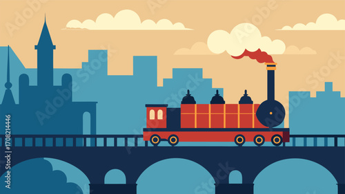 Vintage steam locomotive speeds across a city bridge illustration scalable vector graphic