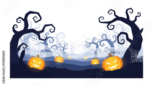 Halloween Night Illustration: A spooky Halloween scene unfolds under the moonlight, featuring carved pumpkins with glowing faces and ominous, twisted trees against a backdrop of a moonlit night.