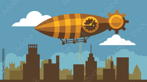 Steampunk airship soaring above industrial cityscape vector illustration