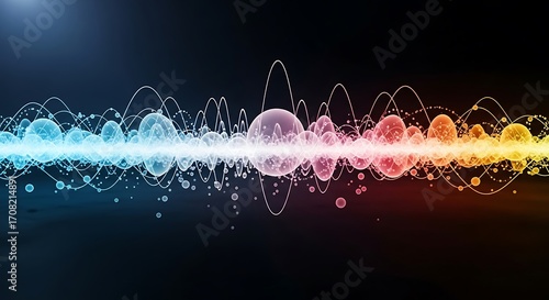 A vibrant display of energy waves, with translucent forms and glowing lines, creating an abstract, dynamic scene.