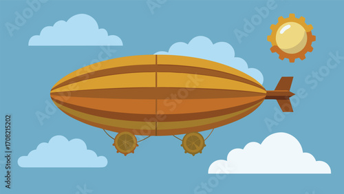 Steampunk airship gracefully soaring through ethereal clouds and bright sunlight vector illustration