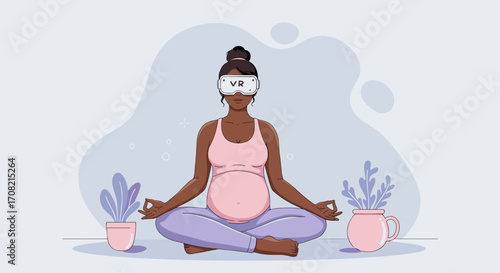 Pregnant woman meditating with VR goggles, promoting wellness and mindfulness for expecting mothers 
