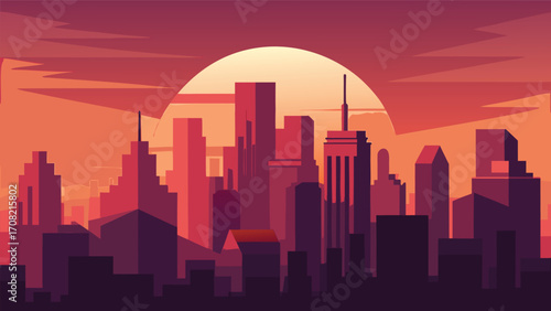 Stunning aerial cityscape vector illustration at sunset with warm orange hues