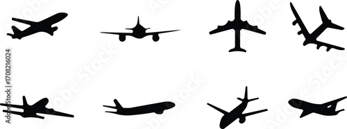 Airplane silhouettes, aircraft icons, aviation vector, flight positions, black airplanee angle, front view, angled aircraft, flying planes, airplane collection, silhouette set, aviation graphics, jet