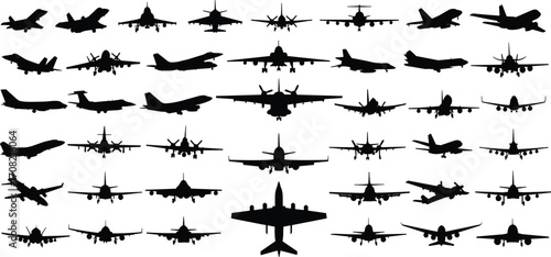 Airplane silhouettes, aircraft icons, aviation shapes, military jets, c illustration, editable clipart, flight design, top view, side profile, jet outlines, black figures, aviation grid