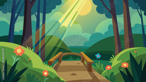 Sunlit forest clearing with wildflowers vector illustration scalable eps icon