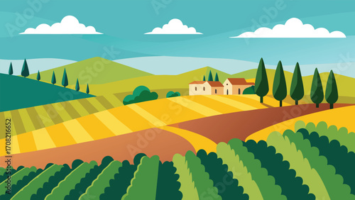 Sunny french vineyard landscape vector illustration with rolling hills and farmhouse