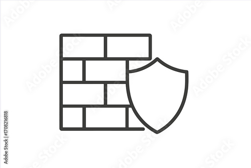 Security shield and firewall brick wall line icon. Metaphor for protection, safety, and defense. Outline vector for cybersecurity, data privacy, antivirus, vpn, and network.