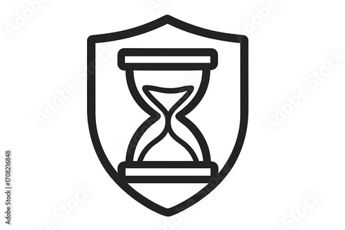 Time protection shield icon with hourglass. Concept of deadline security, safety, long-term defense and patience. Vector symbol, line art illustration for logo, web, app design.