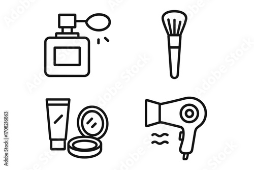 Beauty and cosmetics line icon set. Collection of vector symbols for makeup, salon, and spa. Includes perfume, brush, foundation, and hairdryer. Outline graphic elements.