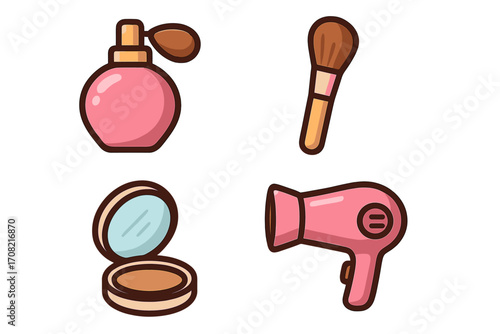 Beauty and cosmetics icon set. Simple cartoon vector graphics collection for makeup, skincare, and hairdressing. Contains perfume bottle, powder brush, compact, and hairdryer.