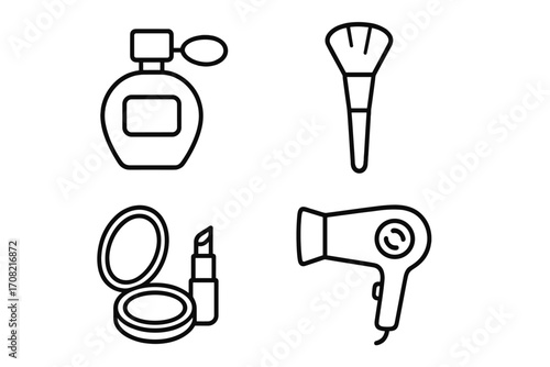 Beauty icon set with perfume, brush, cosmetics, lipstick, and hairdryer. Simple outline pictograms for graphics, web design, apps. Vector illustration concept for makeup and salon.