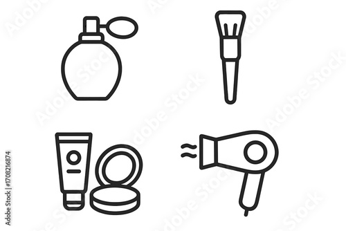 Beauty and cosmetics simple outline icon set. Vector line art symbols for makeup, skincare, salon, and hairstyling. Contains perfume, brush, powder, and hair dryer.