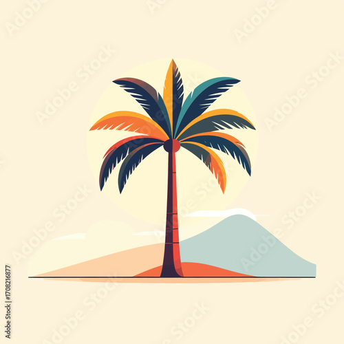 Graphic stylized palm tree with vibrant fronds on a plain background.