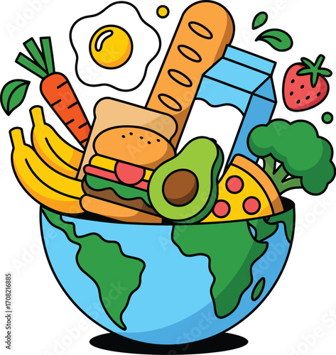 Abundant healthy and unhealthy foods overflowing from a stylized globe, representing global nutrition