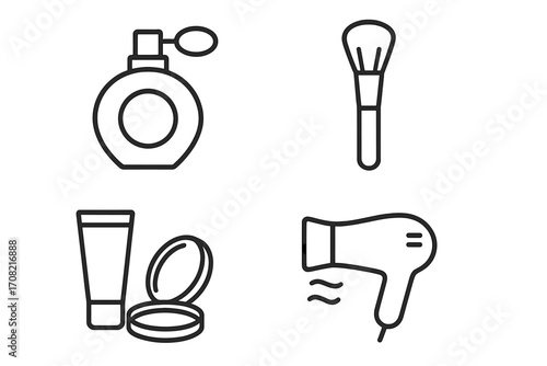 Beauty icon set. Cosmetics and makeup outline icons. Perfume, brush, cream, powder, hairdryer. Salon, spa, and self-care symbols. Vector illustration for web and apps.