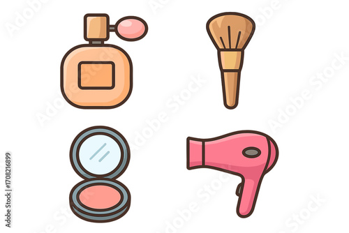 Beauty and makeup linear icon set. Vector cartoon illustration collection with perfume, powder brush, compact mirror, and hairdryer. Glamour, salon, and spa concept.