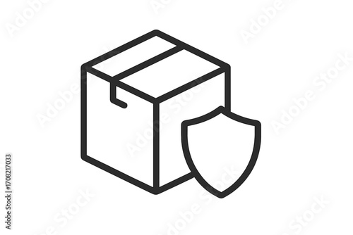 Package protection icon with shield, representing shipping insurance and secure delivery. Symbol for safe transport, product guarantee, cargo safety, and freight logistics.