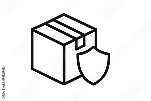 Package insurance and secure delivery line icon. Product protection and safe shipping concept. Cargo box with shield for guarantee and warranty. Logistics and transport vector symbol.
