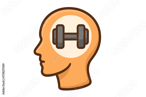 Mental strength and strong mindset concept. Dumbbell inside a human head. Brain training, willpower, and psychological fitness metaphor. Vector icon for business and self-improvement.