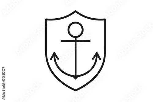 Anchor shield icon for security and protection. Maritime safety and naval defense logo concept. Vector line art illustration for marine business, harbor, and boat insurance.