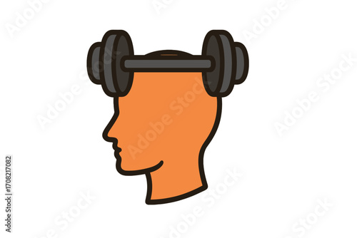 Mental strength, brain training concept. Dumbbell on human head silhouette. Strong mindset, knowledge power, and willpower icon. Psychology and mental health vector illustration.