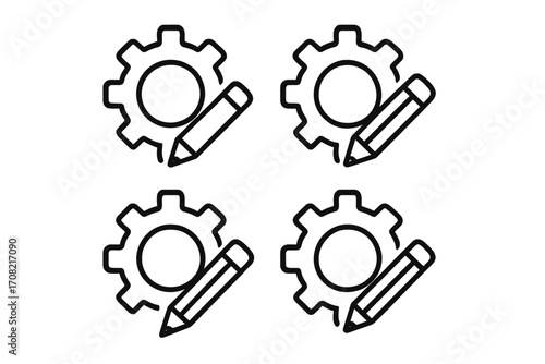 Set of gear and pencil line icons. Symbol for settings, editing, customization, configuration, and development. Vector pictogram for web design, apps, and graphic projects.