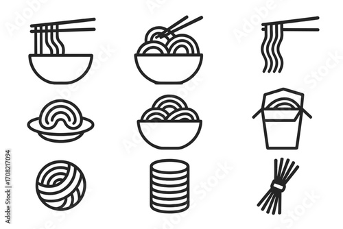 Noodle and ramen line icon set. Asian food symbols for restaurant menu. Minimalist vector pictogram of pasta bowl, chopsticks, and takeout box. Chinese, Japanese food concept.