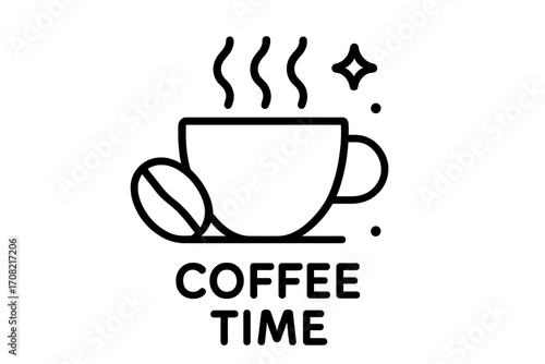 Coffee time vector line icon. Hot drink cup with steam and bean. Symbol for cafe, coffee break, morning energy. Outline illustration for web design, app, logo, menu, card.