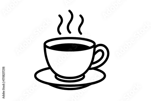 Coffee cup icon vector line art illustration. Hot drink, tea or espresso symbol. Minimalist outline for web design, app, logo. Steaming mug on saucer. Cafe, caffeine concept.