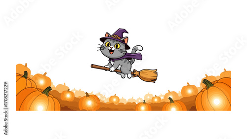 Halloween Cat on Broomstick: A whimsical cat in a witch's hat soars across a field of vibrant pumpkins on a broomstick. Celebrate the spirit of the season with this charming digital illustration.