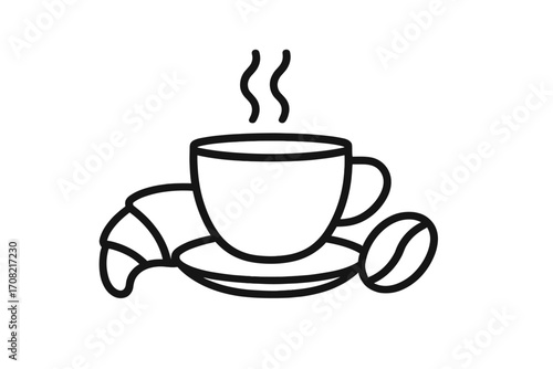 Coffee time breakfast concept with hot drink cup, croissant and bean. Minimalist line icon for cafe menu, coffee shop logo. Morning beverage symbol. Simple vector pictogram.