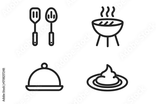 Cooking line icons. Kitchenware concept. Utensil, spatula, spoon. Barbecue grill, smoke. Food serving dome, cloche. Gourmet dessert plate. Vector illustration for web, app.