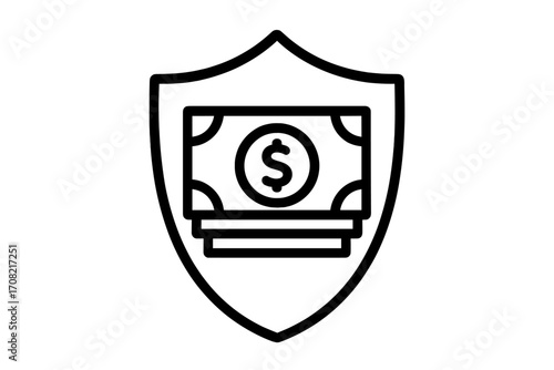 Money protection icon with shield. Financial security and safe payment concept. Investment insurance and savings guarantee symbol. Secure transaction and wealth management vector logo.