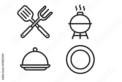 Cooking line icon set. Barbecue grill, kitchen utensil, fork, spatula. Food serving dish, plate, cloche. Simple outline vector illustration for web, app, menu graphics.