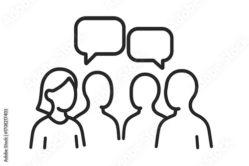 Group of faceless people talking. Communication, teamwork and collaboration concept. Public opinion, discussion or feedback. Social forum or meeting. Vector line art icon.