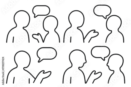 Communication concept with faceless people. Outline icons for dialogue, discussion, support. Vector cartoon of two people talking. Social interaction, therapy, chat set.