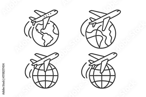 Airplane flying over planet earth, icon collection. International travel and global business concept. World flight journey symbol for aviation and air transport logistics.