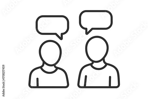 Two faceless people talking vector icon. Communication, discussion, conversation concept. Minimal line art pictogram. User avatar with speech bubble. Support, forum, chat.