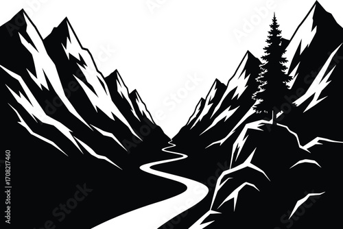 Mountain valley river silhouette vector