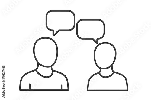 Two faceless people talking. Minimalistic outline icon of a conversation. Dialogue, communication, and discussion concept. Vector line art illustration of avatars with speech bubbles.