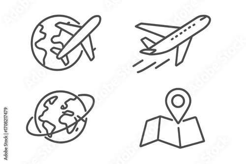 Airplane travel and transport line icon set. Global flight, international journey, world tour, and destination map pin. Aviation and tourism vector symbols concept.