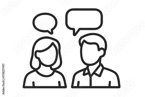 Faceless people talking icon. Man and woman with speech bubbles. Communication, dialogue, discussion concept. Couple conversation. Business meeting, support, advice icon.