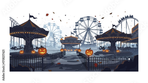 Spooky amusement park: A festive and slightly eerie amusement park scene comes alive with Halloween decorations and classic rides like Ferris wheels and rollercoasters. 