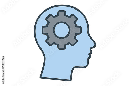 Thinking process icon with gear in human head silhouette. Concept of mindset, intellect, brainstorming, and creativity. Metaphor for problem-solving, logic, and innovation.